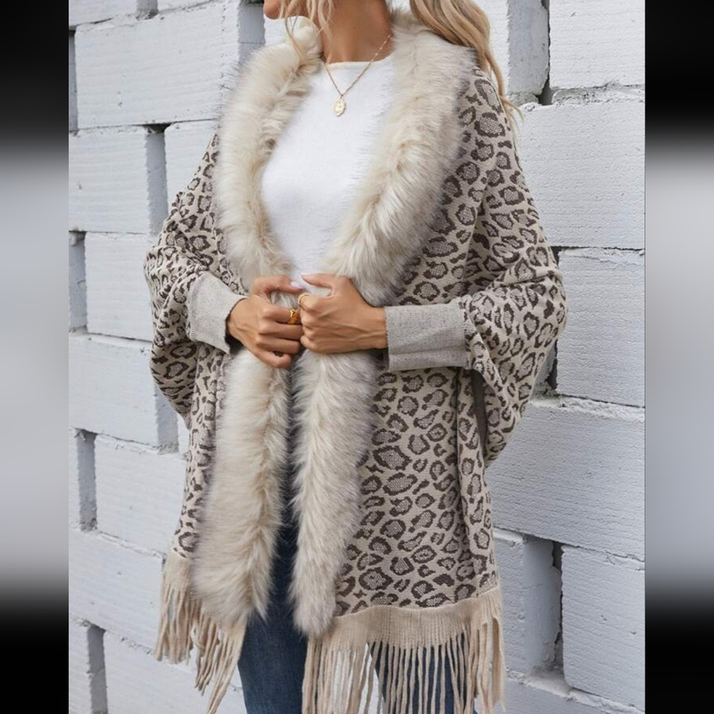 SHEIN Women's Leopard Print Fuzzy Batwing Sleeves Duster Cardigan Size Small π - Picture 4 of 10